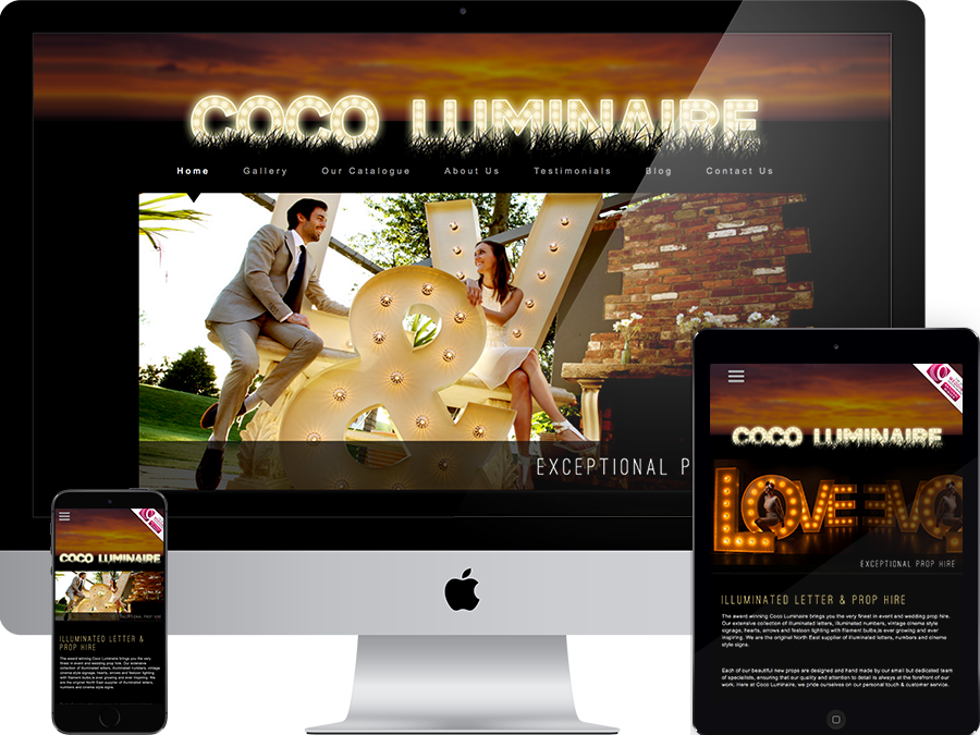 Illuminated letter and prop hire website designed by tr10.com that is accessible on all digital platforms including mobile devices
